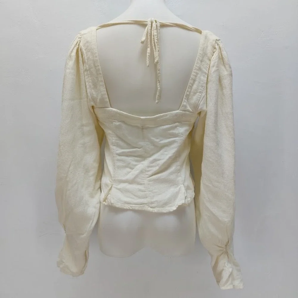 Free People Blouse Women's Small Cream Corset Button Front Puff Sleeve Tie Back
